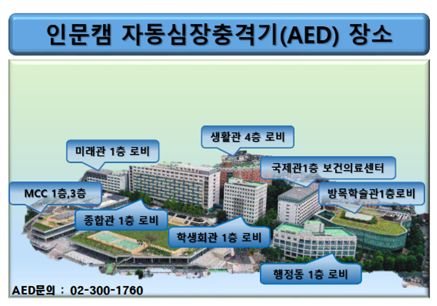 인문캠퍼스:1.미래관1층로비 2.MCC1층,3층 3.종합관1층로비 4.학생회관1층로비 5.행정동1층로비 6.방목학술관1층로비 7.국제관1층보건의료센터 8.생활관4층로비 / 문의: 02-300-1760