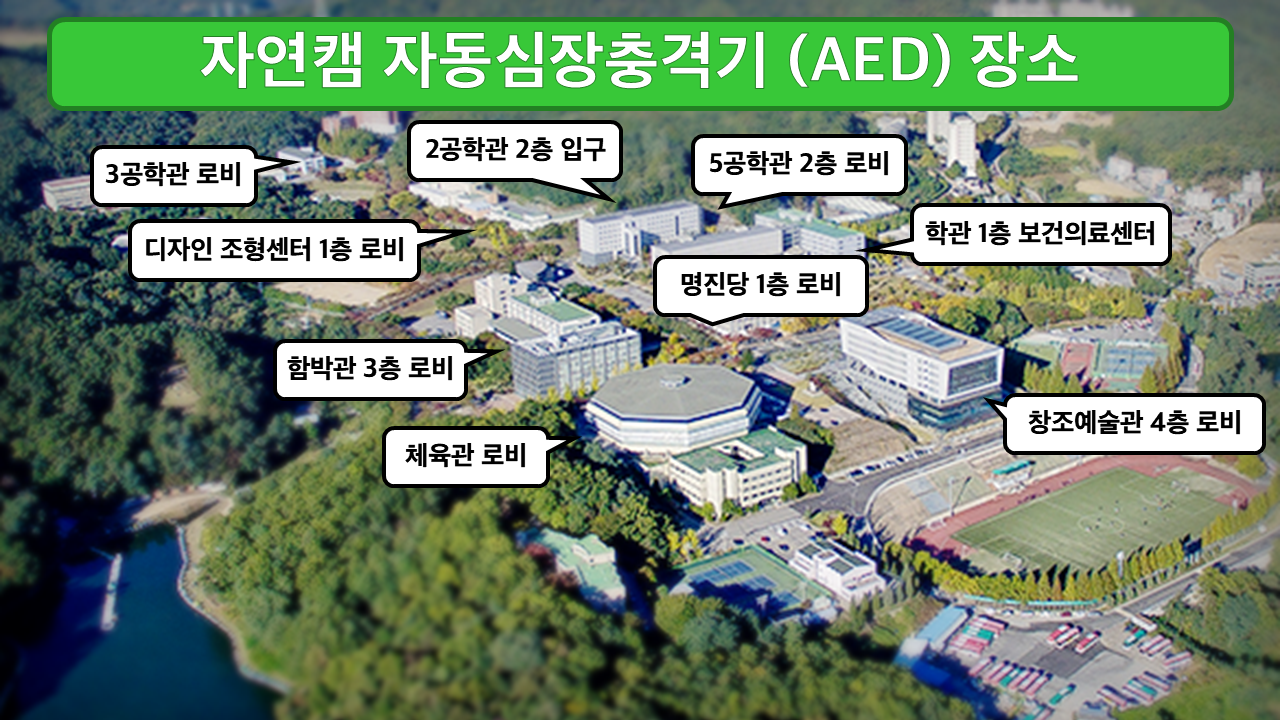 자연캠퍼스 1.3공학관 로비 2.2공학관 2층 입구 3.5공학관 2층 경비실 앞 4.학관 1층 보건의료센터 5.디자인조형센터 1층 경비실 앞 6.함박관 3층 로비 7.체육관 로비 8.창조예술관 4층 로비