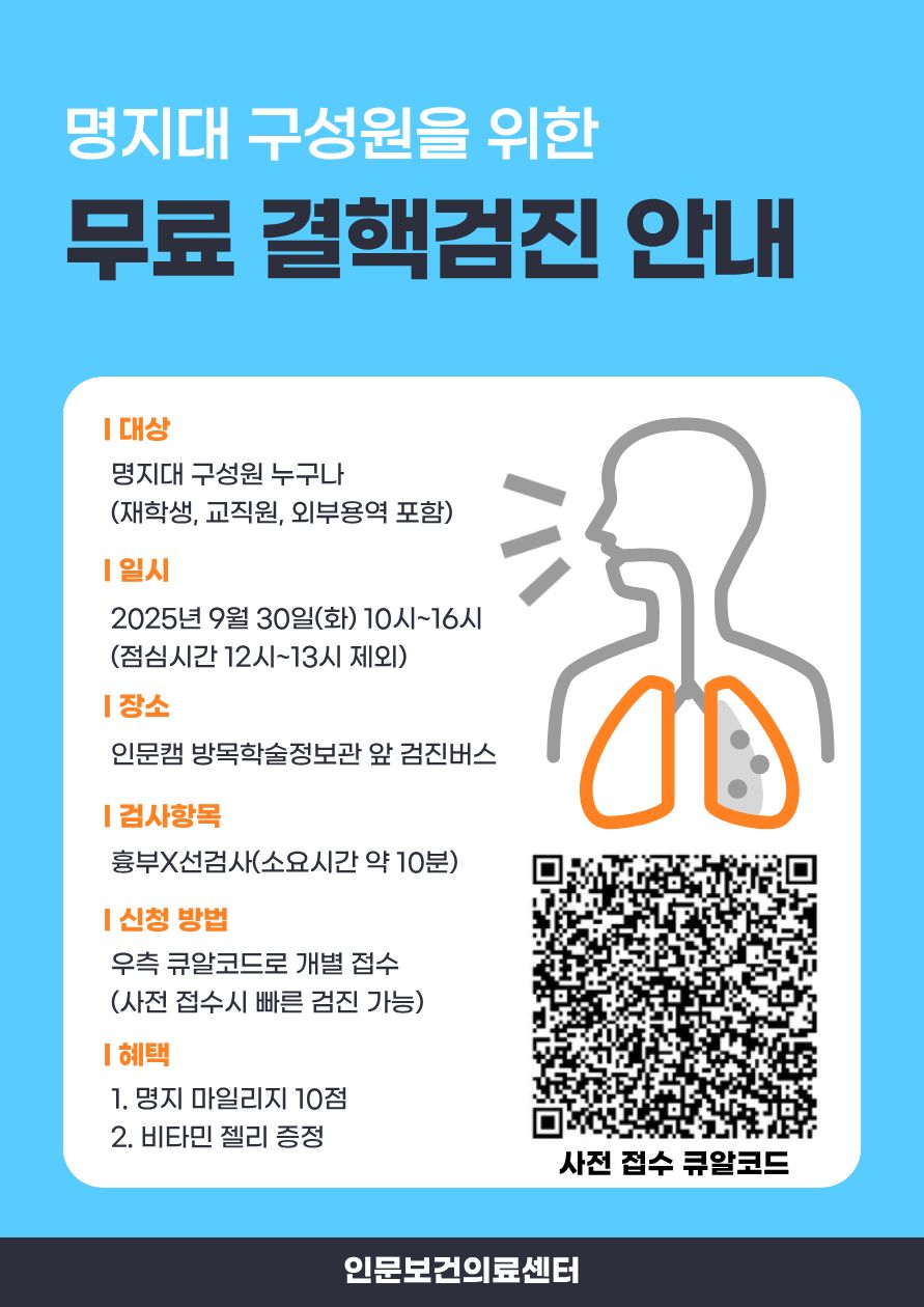 대상: 명지대 구성원 누구나(재학생, 교직원, 외부용역 포함) 일시: 2025년 9월30일(화) 10시~16시(점심시간 12시~13시 제외) 장소: 인문캠 방목학술정보관 앞 검진버스 검사항목: 흉부X선검사(소요시간 약10분)
