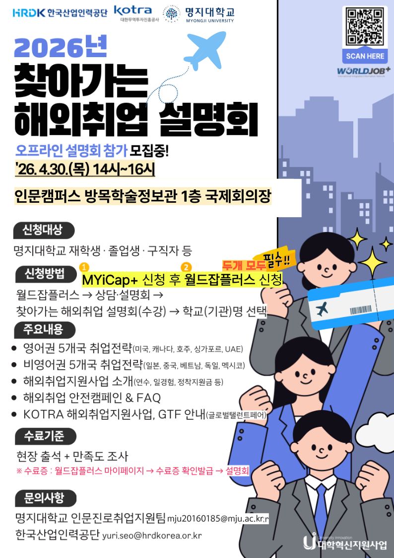 인문진로취업지원팀에서는 한국산업인력공단과 함께 2026년 상반기 찾아가는 해외취업설명회를 개최합니다. 영어권 5개국(미국, 캐나다, 호주 등) 및 비영어권 5개국 (일본, 중국, 베트남 등) 등 해외취업에 관심있는 분들의 많은 참여바랍니다.  1. 일시 및 장소 ■ 일시: 2026. 04.30.(목) 14:00~16:00 ■ 장소: 인문캠퍼스 방목학술정보관 1층 국제회의장   2. 세부 일정 ■ [산업인력공단] 해외취업 설명회  - 14:00~15:00  - 영어권/비영어권 취업전략 및 취업지원 사업 ■ [KOTRA] 특강  - KOTRA 해외취업지원사업 소개 - GTF(글로벌 탤런트 페어) 안내 