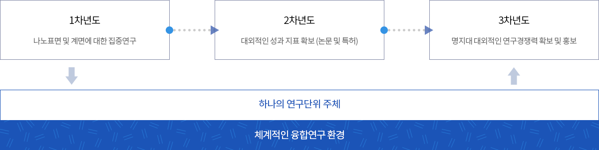 1차년도 : 나노표면 및 계면에 대한 집중 연구 > 2차년도 : 대외적인 성과지표확보(논문 및 특허) > 3차년도 : 명지대 대외적인 연구경쟁력 확보 및 홍보